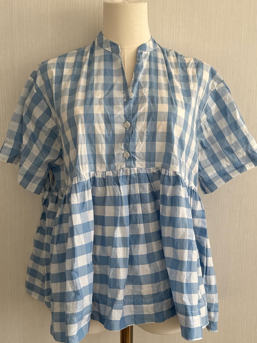 Anthropologie Blue and White Gingham Short Sleeve Peplum Blouse